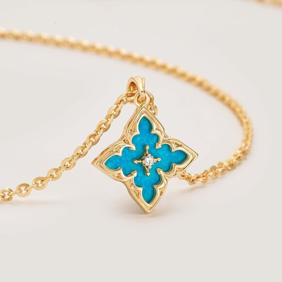 Gold Clover Necklace Women Dainty 14K Gold Blue Onyx Pendant Adjustable Chain - Picture 5 of 6